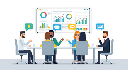 Business team discussing data on screen isolated on transparent background