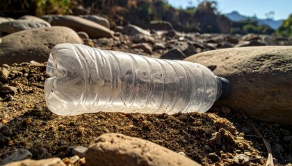 Obraz premium Environmental pollution represented by a discarded plastic water bottle lying on a rocky riverbed in the sunshine