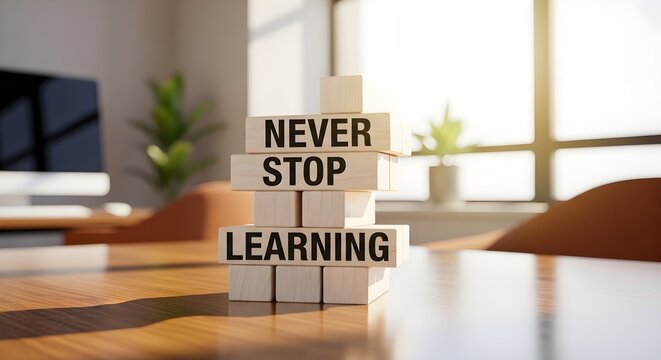 Never Stop Learning Motivational Message Carved on Stacked Wooden Blocks in Sunlit Office