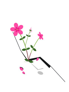 Vivid pink vinca breaking through cracked pavement with bright five-petalled blooms and dark oval leaves, botanical illustration of resilience, hope and unstoppable urban nature growth