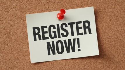 Urgent call to action message clearly displayed on a note pinned to a textured brown cork board background surface