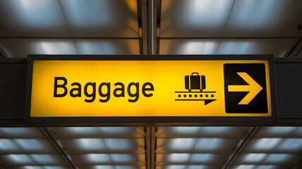 Bright yellow airport baggage claim sign indicating direction with a clear arrow indoors
