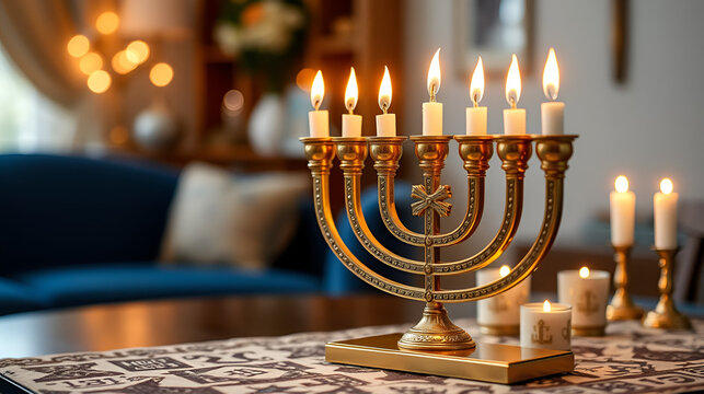 religious home decor, detailed Hanukkah menorah showcased on a table in a close-up shot