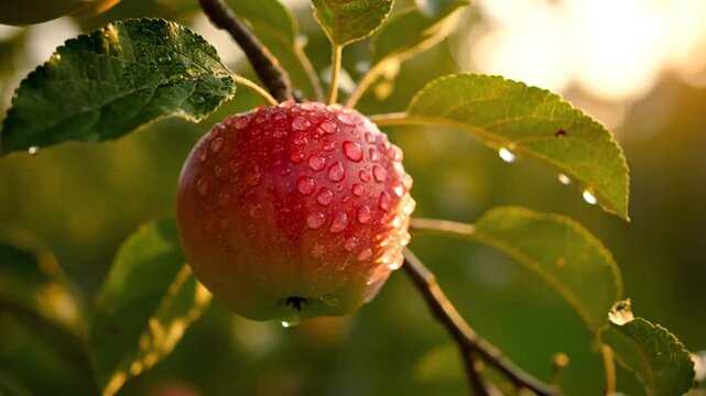 Red Apple on Tree Branch with Dew Drops.