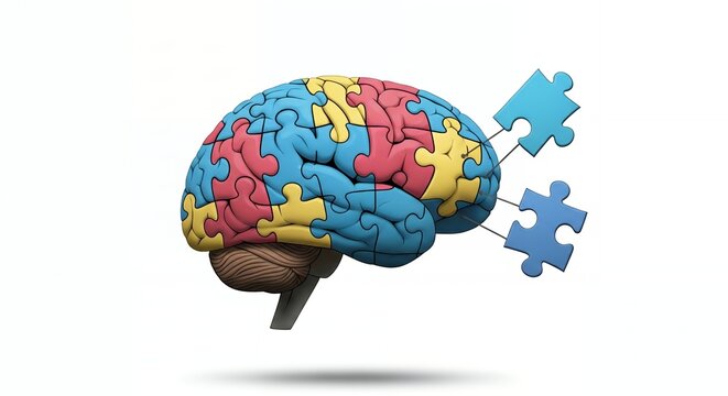 A colorful brain made of puzzle pieces with some pieces floating away, symbolizing problem-solving and mental health.