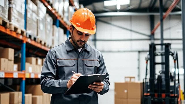 Warehouse Supervisor: A dedicated warehouse supervisor meticulously reviews inventory records, surrounded by rows of organized stock.