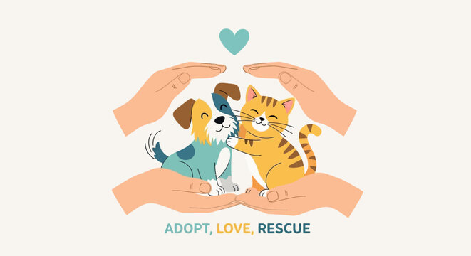Pet Adoption Concept with Dog and Cat in Human Hands &ndash; National Pet Day Vector Illustration