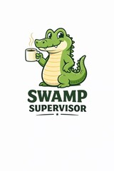 Obraz premium Cartoon green alligator drinking coffee as swamp supervisor funny mascot character illustration for business leadership