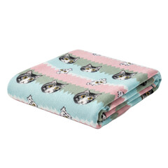 Folded blanket with a cat pattern and pastel stripes