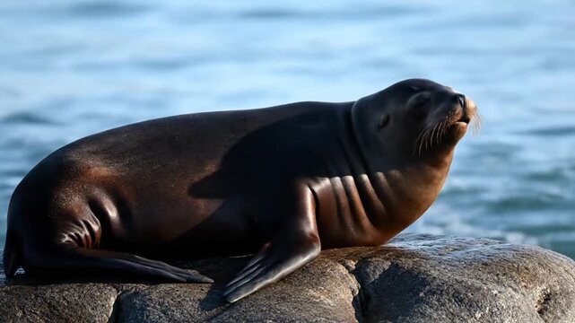 Seal Resting on Rock by Ocean.