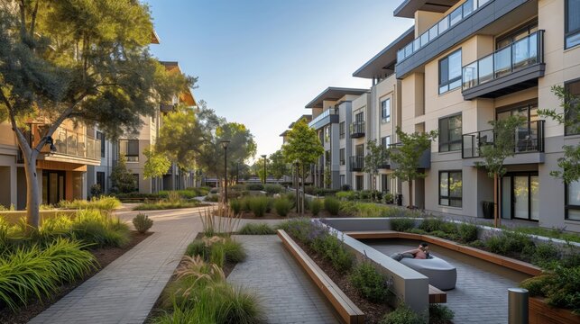 Luxury multifamily apartment complex courtyard