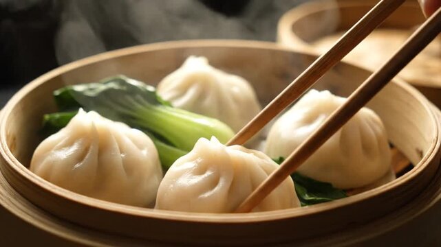 Steamed Dumplings with Bok Choy and Chopsticks.