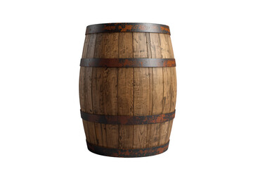 Fototapeta premium Wooden barrel with rusty metal hoops storing aged wine, whiskey, or rum, isolated on transparent background