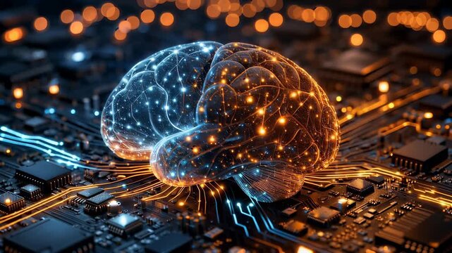 Conceptual visualization of human brain merging with artificial intelligence technology, showing biological neural networks connected to circuits and microchips. Futuristic AI, machine learning