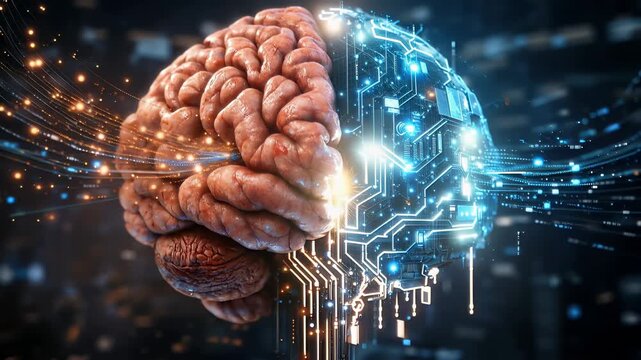 Conceptual visualization of human brain merging with artificial intelligence technology, showing biological neural networks connected to circuits and microchips. Futuristic AI, machine learning