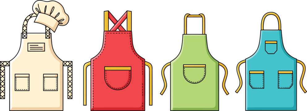 Kitchen apron vector set featuring professional chef hat and colorful cooking aprons in flat design for culinary and restaurant branding
