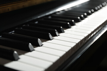 Closeup view of piano keys. Musical instrument