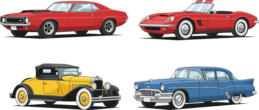 Vintage and classic car vector set featuring retro muscle car convertible and antique luxury sedan illustrations in flat design