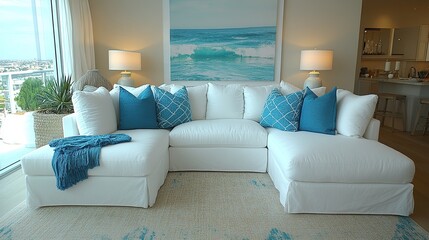 Fototapeta premium Bright Coastal White Sectional Sofa Living Room with Turquoise Cushions and Lamps