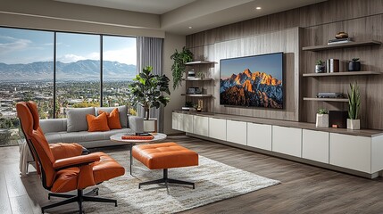 Fototapeta premium Bright contemporary living room with panoramic floor-to-ceiling windows overlooking mountains and cityscape, featuring orange lounge chairs