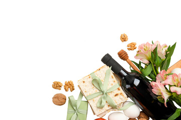Obraz premium Passover features wine, matzah, eggs, and flowers, isolated, PNG