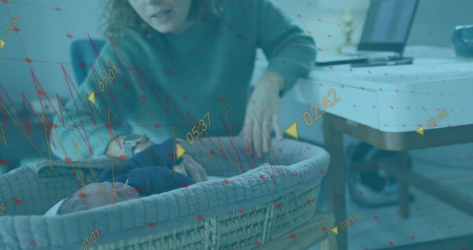 Mom touching laptop, alternating care for baby in bassinet to balance work, overlays syncing health