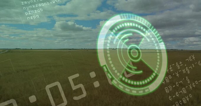 Timer counting seconds starting tech HUD scanning over prairie for survey as data strings updating