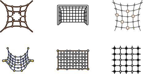 Industrial net and mesh icon set featuring sports goal safety cargo and rope netting in flat vector style for construction and sport © NURUL