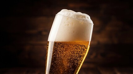 A refreshing glass of beer with a rich, foamy head, showcasing the effervescence of the beverage against a wood background