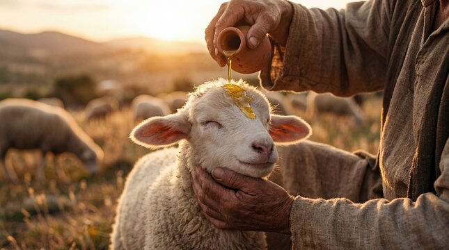 Anointing a lamb's head with oil in a pastoral scene, evoking care and serenity