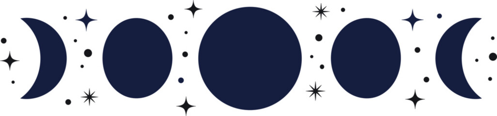 Celestial moon phases vector illustration with crescent half and full moon symbols and stars for mystical occult astronomical design © NURUL
