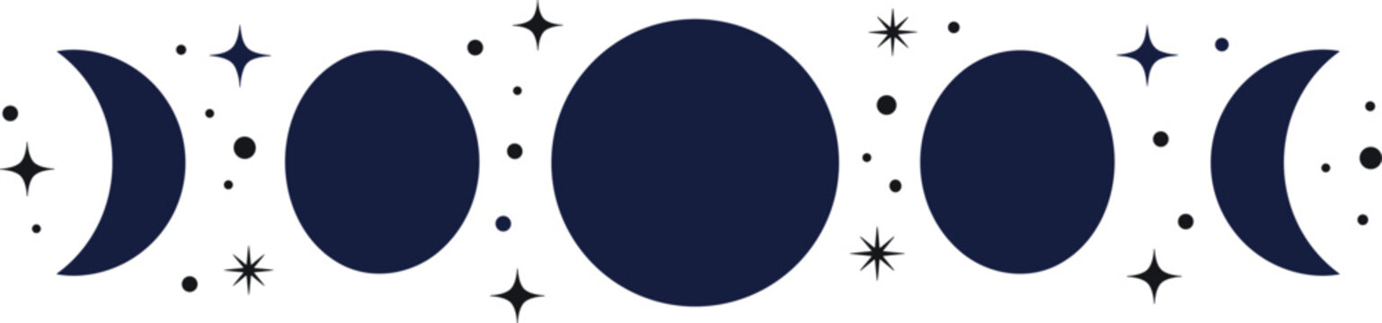Celestial moon phases vector illustration with crescent half and full moon symbols and stars for mystical occult astronomical design