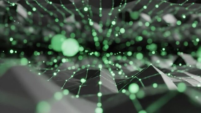 Abstract digital network with glowing nodes and geometric shapes