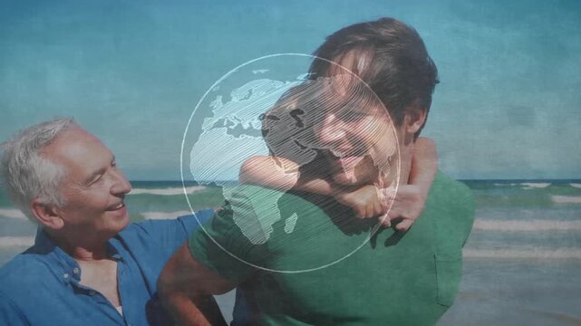 Smiling adult green tee piggybacking child at beach, senior blue shirt touching, rotating globe
