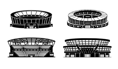 Black and white stadium structures vector set with four sports arena architecture designs isolated on transparent background © MdRoni
