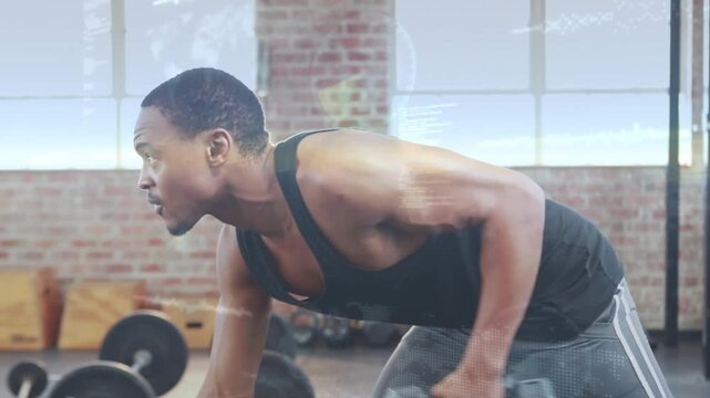 Man bracing left hand on bench and performing single-arm dumbbell rows in fitness for back strength