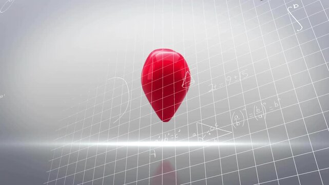Red heart rotating on grid, math notes growing, arrow striking, breaking into shards for education