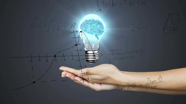 Presenter hands entering from right, cupping and summoning brain bulb, annotating education graphs