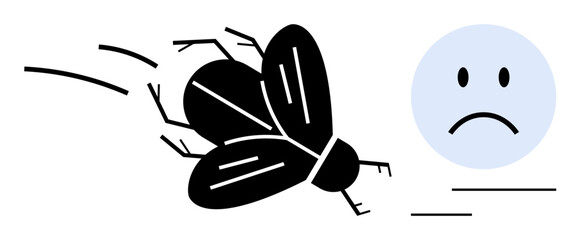 Insect discomfort. Flying insect positioned near a sad face s discomfort and irritation caused by bugs. Insect discomfort linked to hygiene, health, seasons, and personal annoyance. Perfect for pest © robu_s