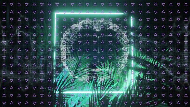 cyan neon frame appearing palms glowing, particle arch forming purple triangle overlaying for decor