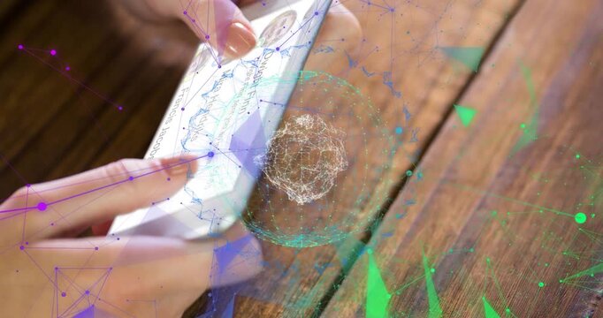 Woman's hands tapping-swiping phone on wood, initiating AR mesh reacting to taps for tech-demo