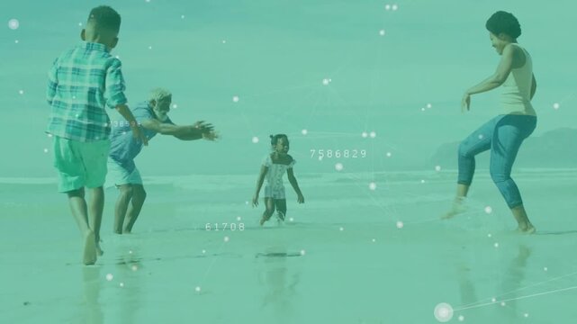 Boy running starting family play on shore, teal numeric overlay tracking motion for technology