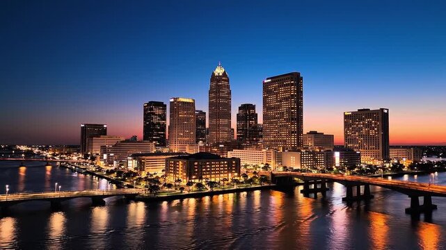 Tampa Florida Skyline at Sunset with City Lights Over the River