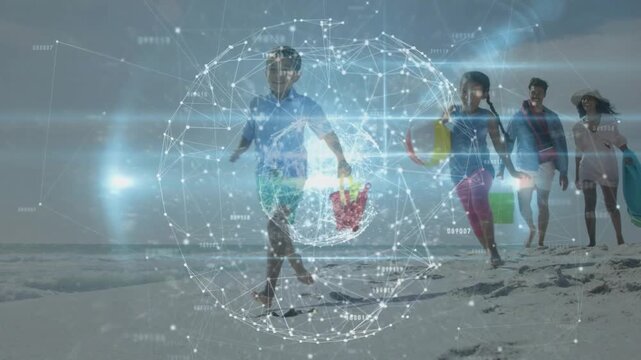 Lead child starting right running through holo, kids following with toys, parents trailing, playing