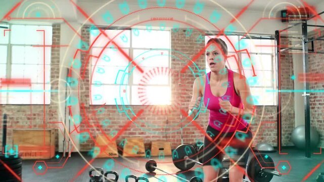 Woman starting bent-over and performing explosive squat jumps while HUD tracking torso for fitness