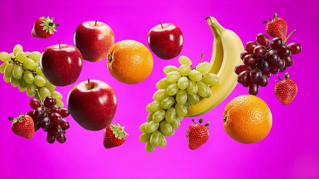 A variety of fresh fruits including apples, bananas, grapes, oranges, and strawberries floating in the air. This colorful 3D animation features a solid purple backdrop, ideal for food-related commerci