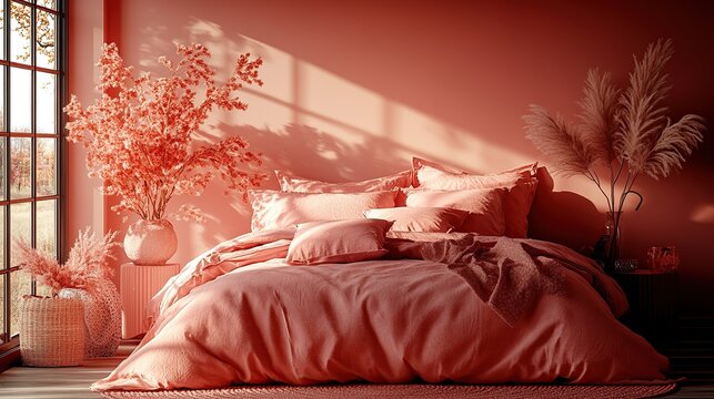 Cozy, sunlit bedroom with rumpled red bedding, red-tinted lighting, and lush plants by the window