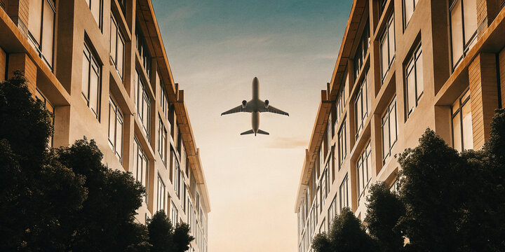 Low angle view of a commercial plane flying above a bustling urban landscape