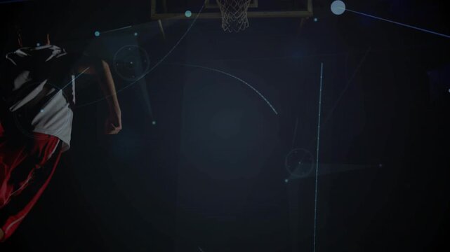 Rolling basketball sending player racing court, launching dunk scoring while arcs sweeping sports