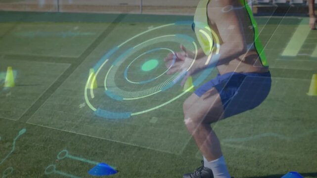 Male athlete starting low squat by blue cones, shifting and launching, AR HUD aligning for sports